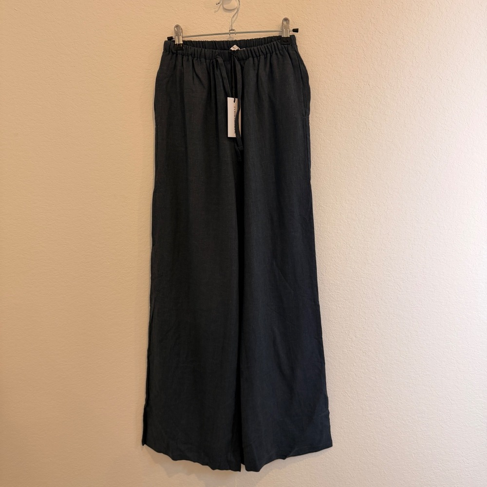 WeWoreWhat Wide Leg Pants Deep Storm Blue Linen Blend Drawstring XS